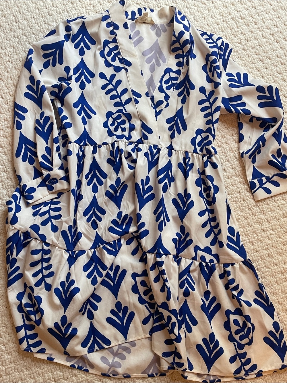Blue & White Floral Print V-Neck Tiered Women's Dress